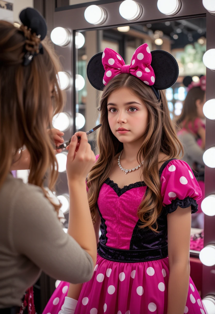 Menino com vestido rosa da Minnie em frente ao espelho da boutique