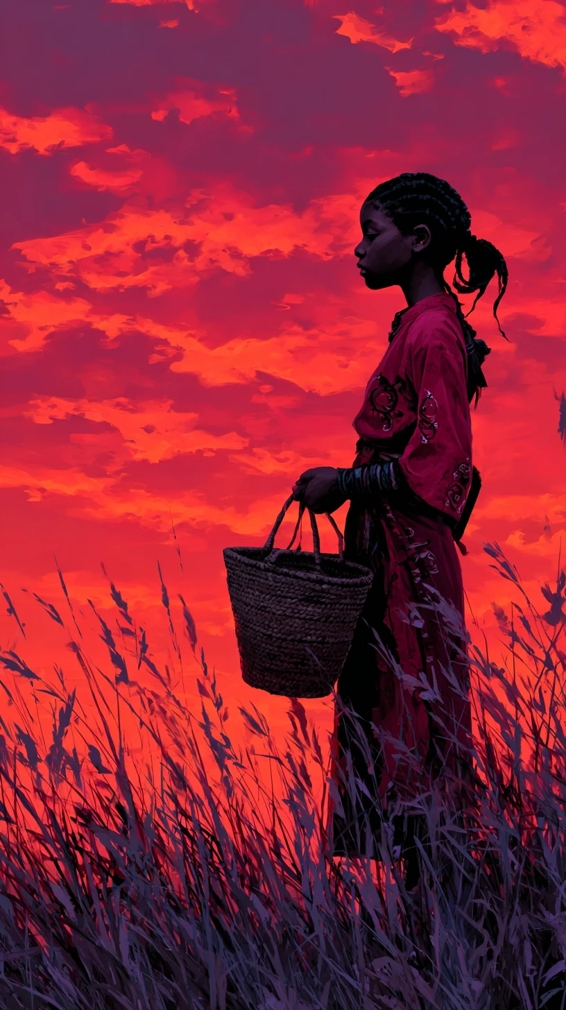 Giovane ragazza in abito rosso in un campo al tramonto