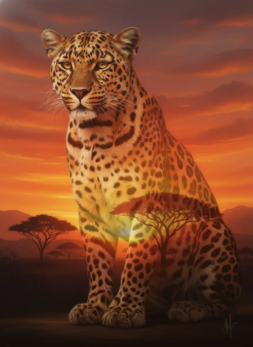Ritratto di leopardo davanti a un tramonto africano luminoso