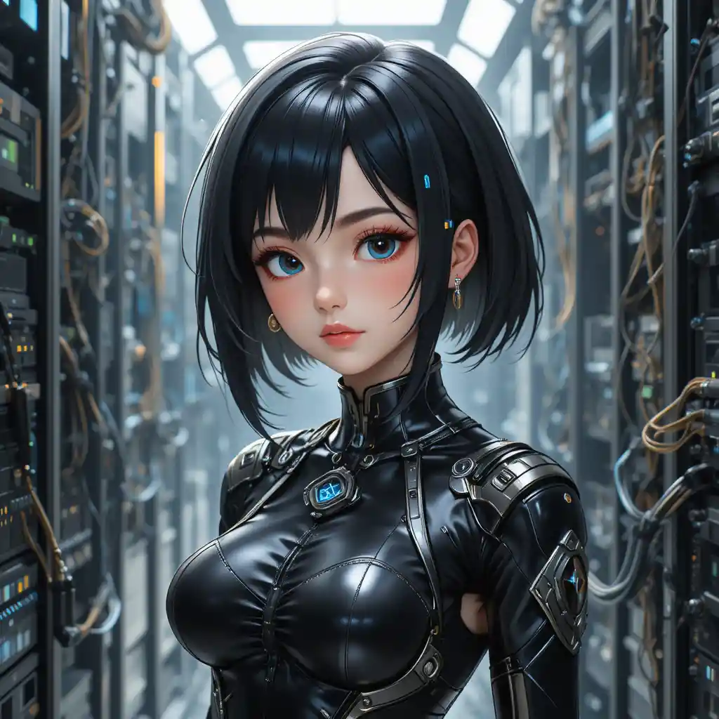 Anime-Frau in einem Sci-Fi-Multiversum aus Chips und Servern
