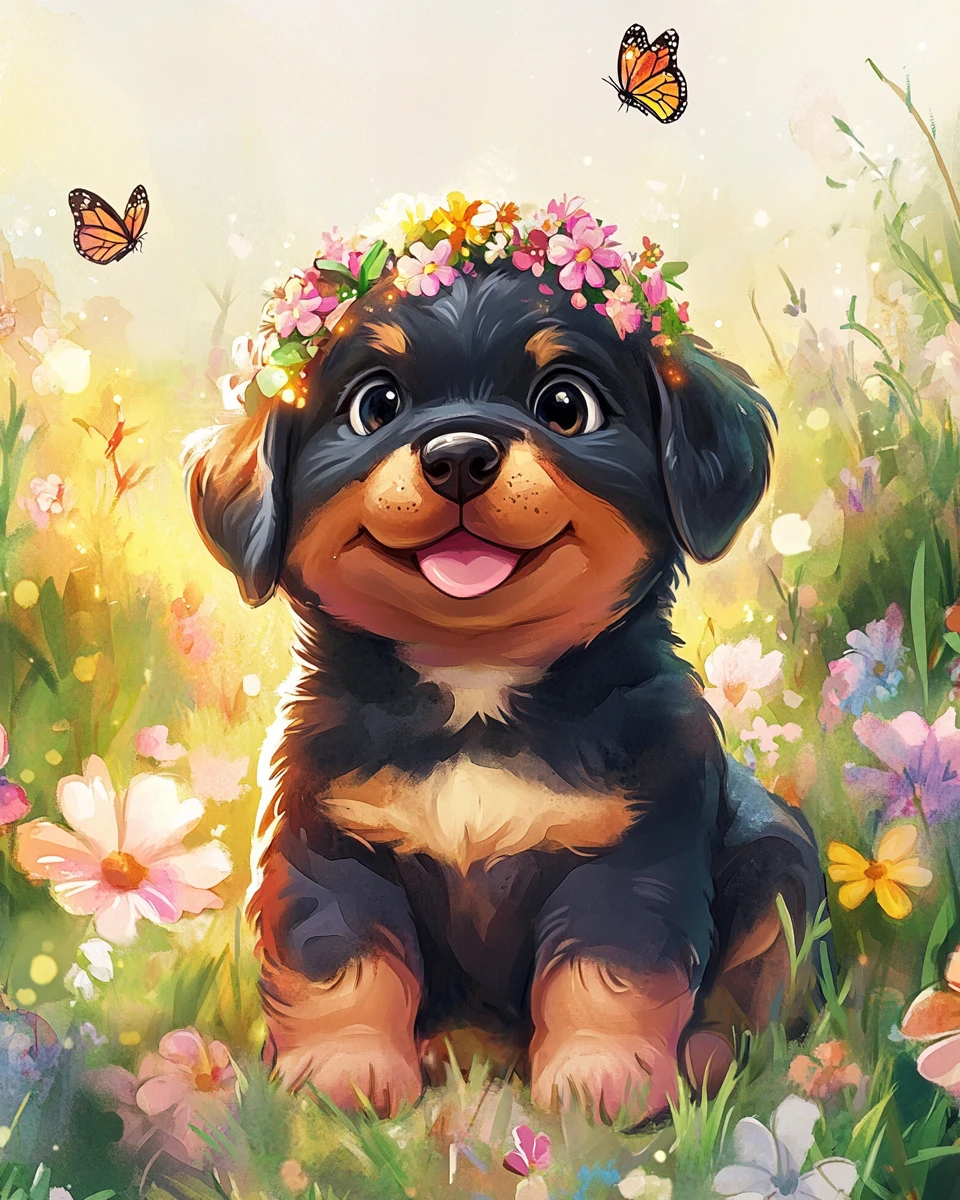 Adorable chiot rottweiler dans un pré fleuri magique
