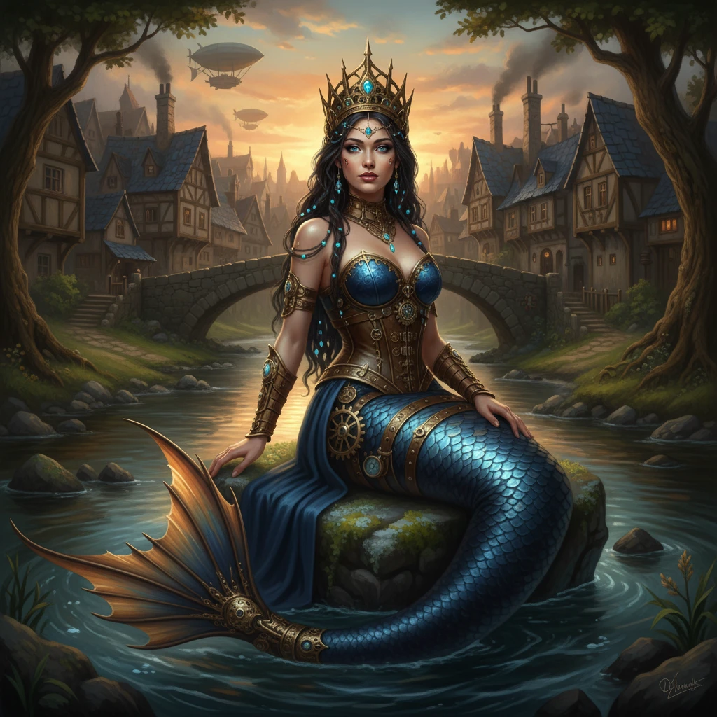 Fantasy-Meereskönigin auf Flussfelsen in mittelalterlicher Stadt