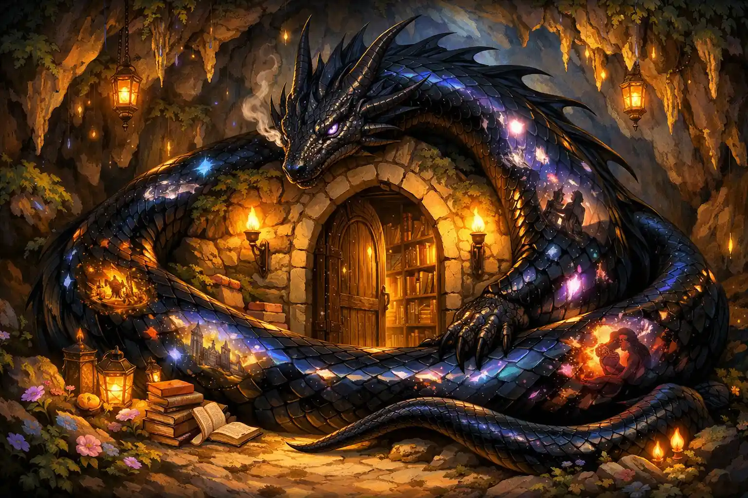 Whimsical dragon guarding an ancient underground library entrance