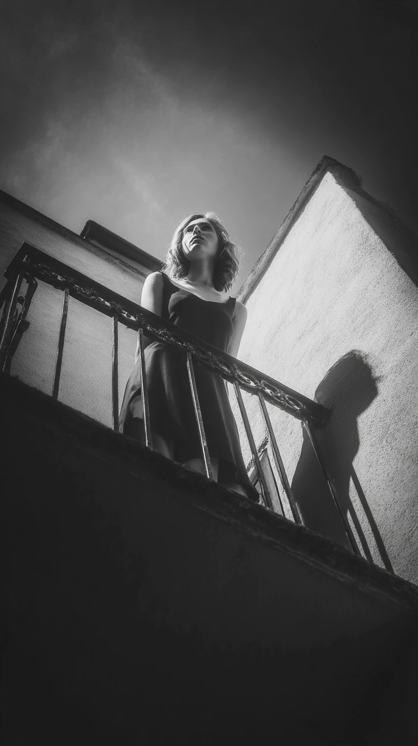 Woman standing on a balcony seen from a low angle