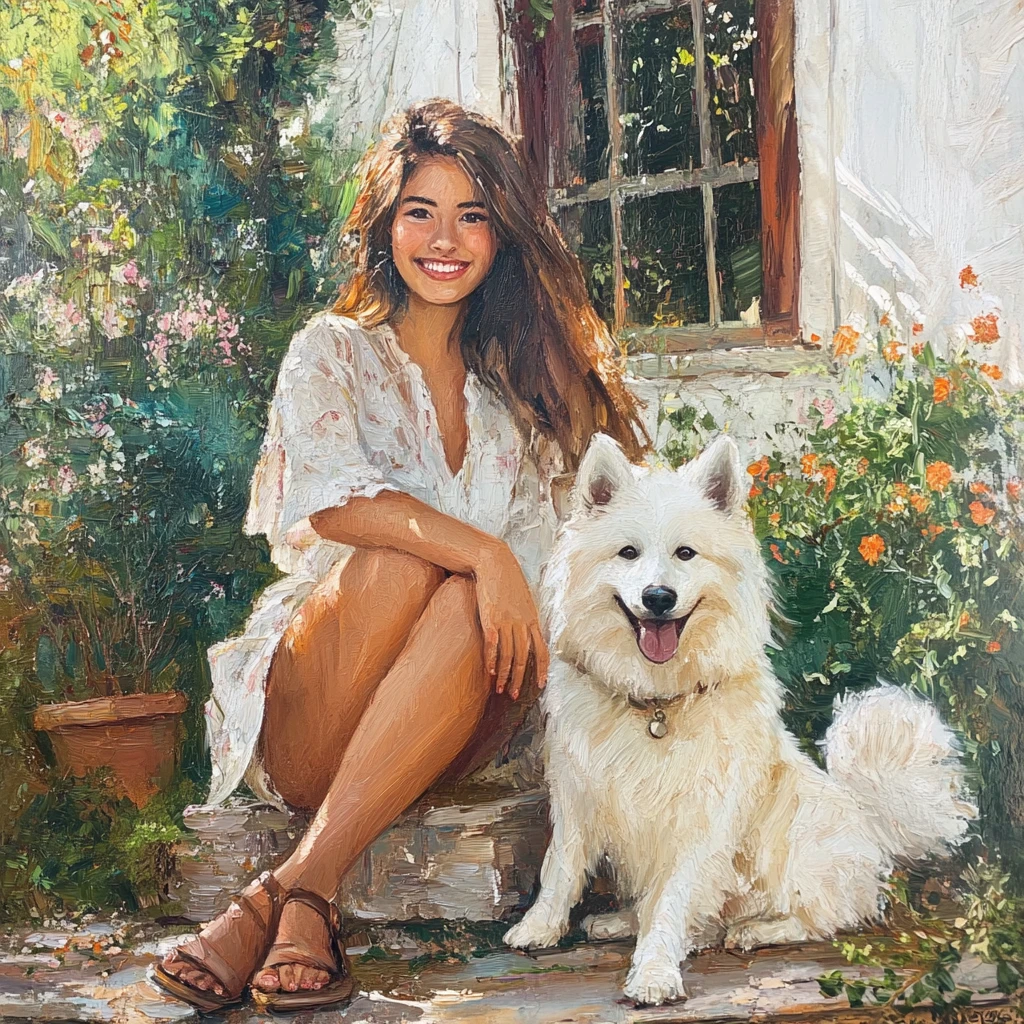 Smiling girl with white dog in a peaceful garden
