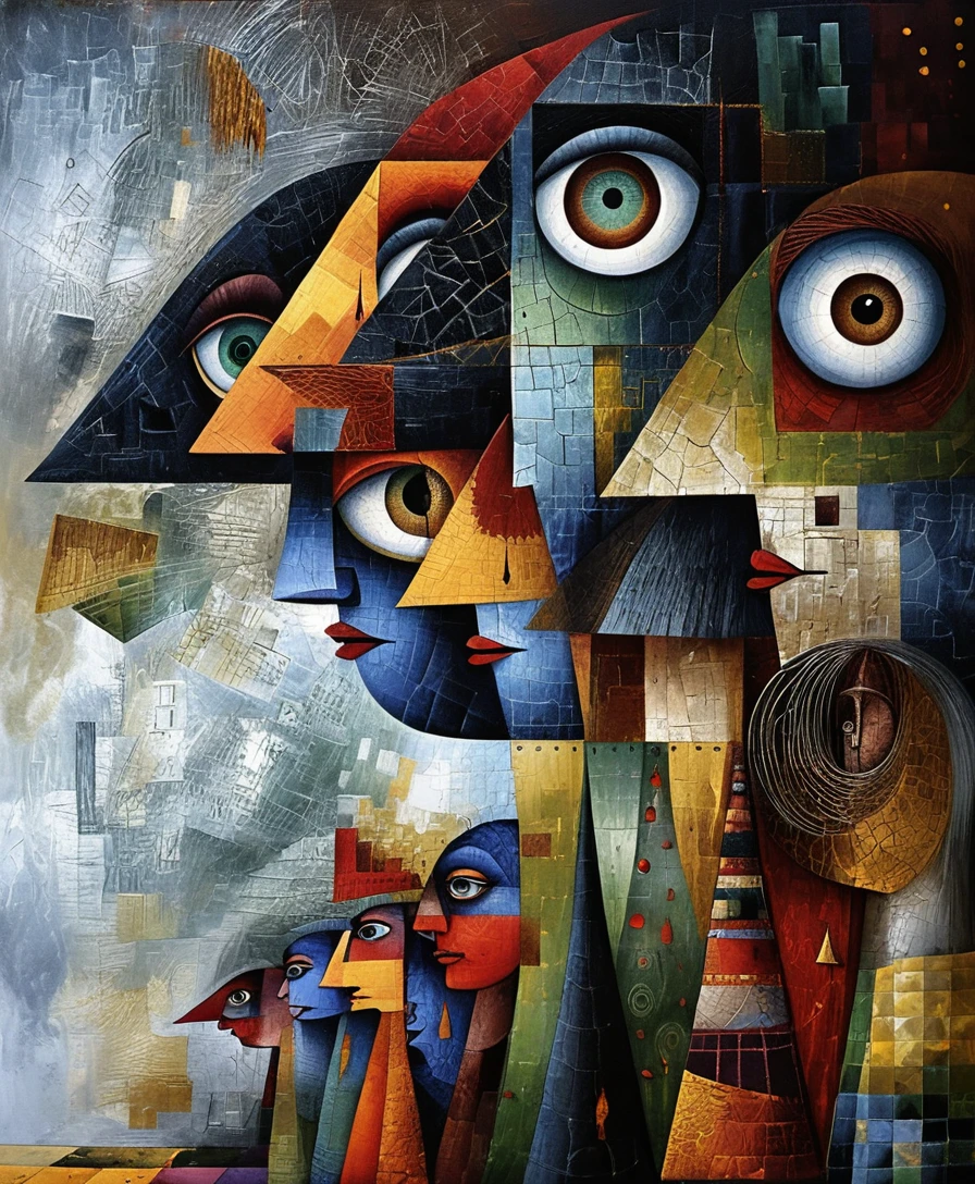 File cubiste de visages fragmentés en plans géométriques tranchants