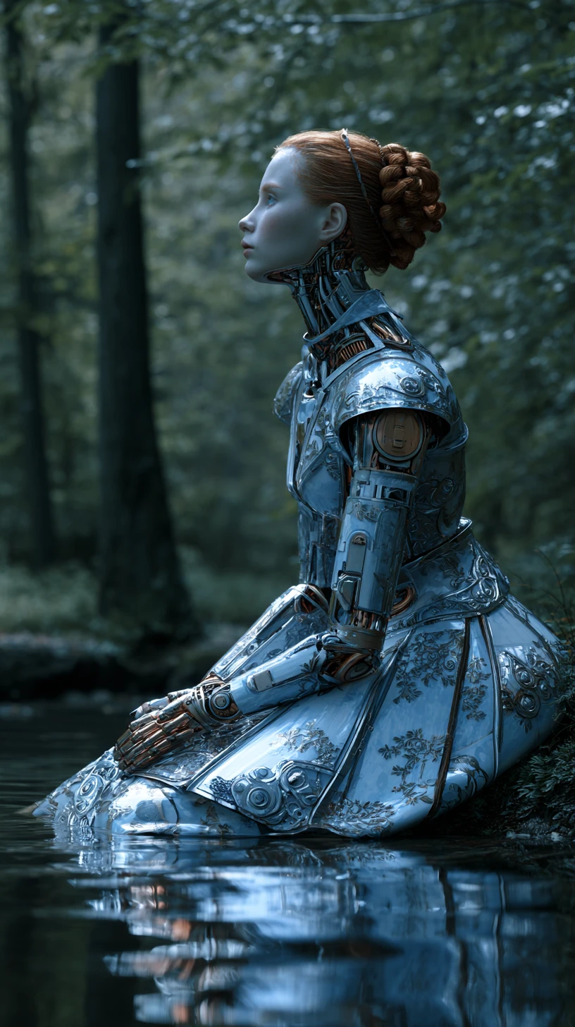 Surreal android woman by a stream in dreamlike forest