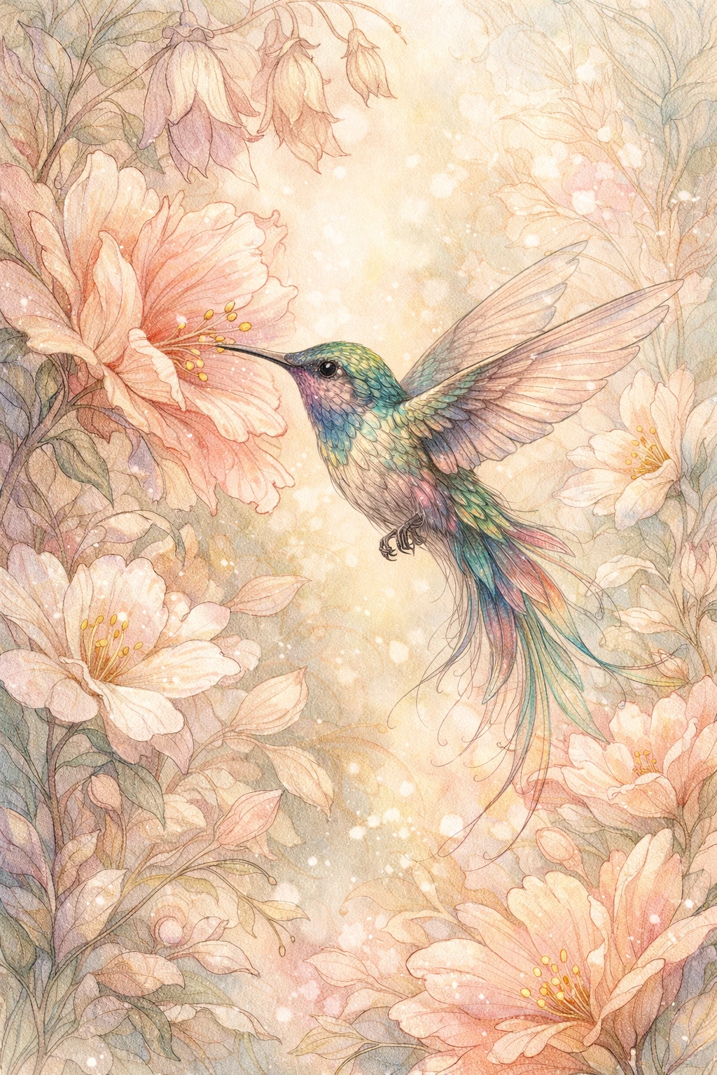 Ilustração em traço fino de beija-flor em jardim florido