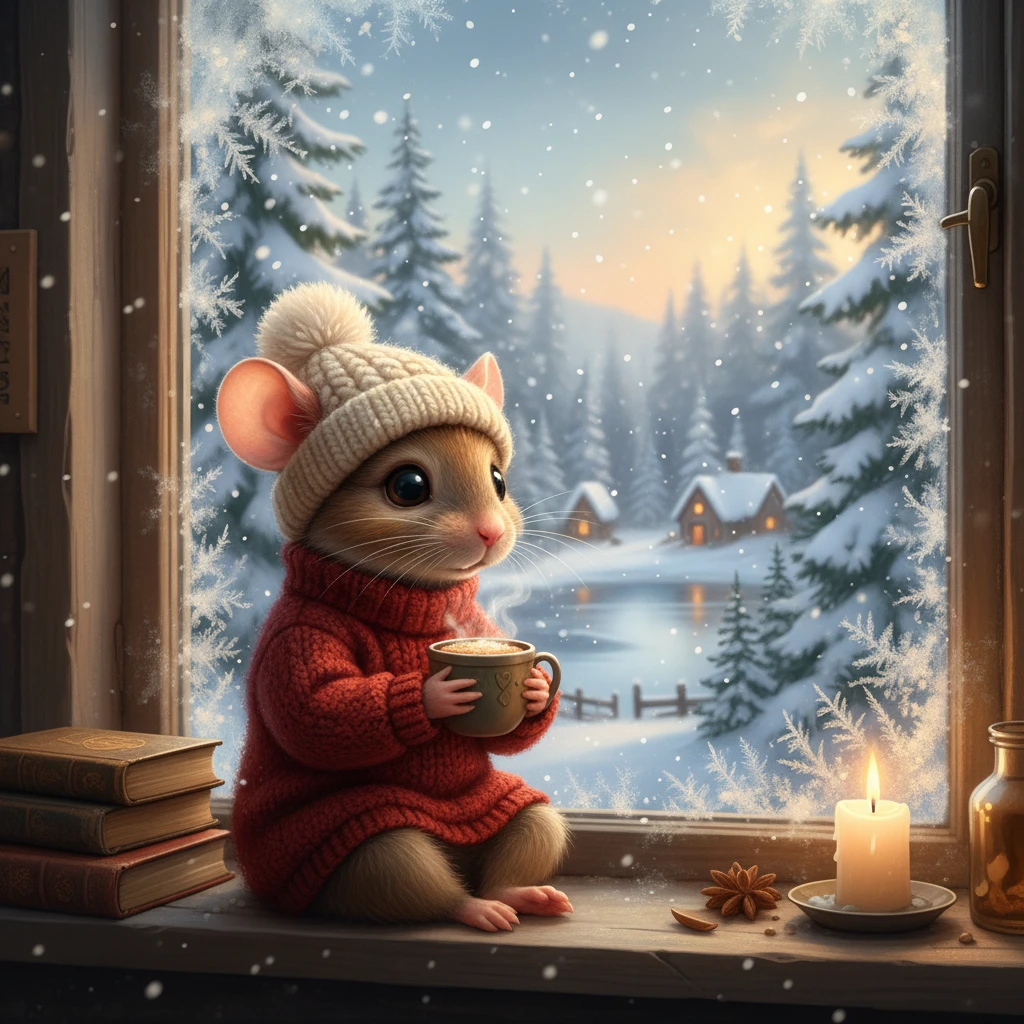 Rato aconchegante com gorro de lã na janela gelada de inverno