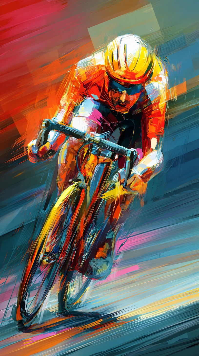 Professional cyclist racing forward in dynamic digital painting