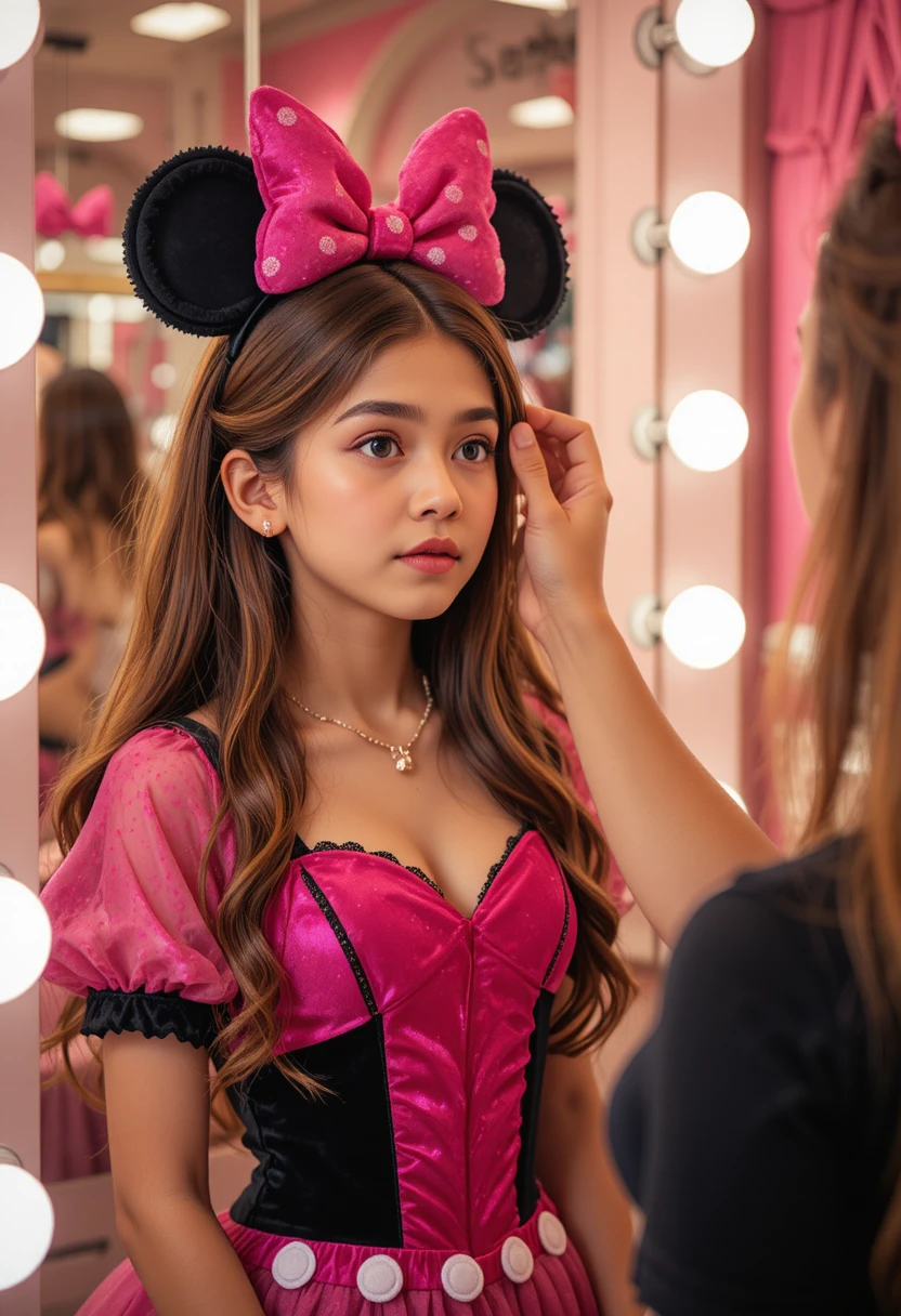 Junger Junge im pinken Minnie-Kleid wird in Boutique geschminkt