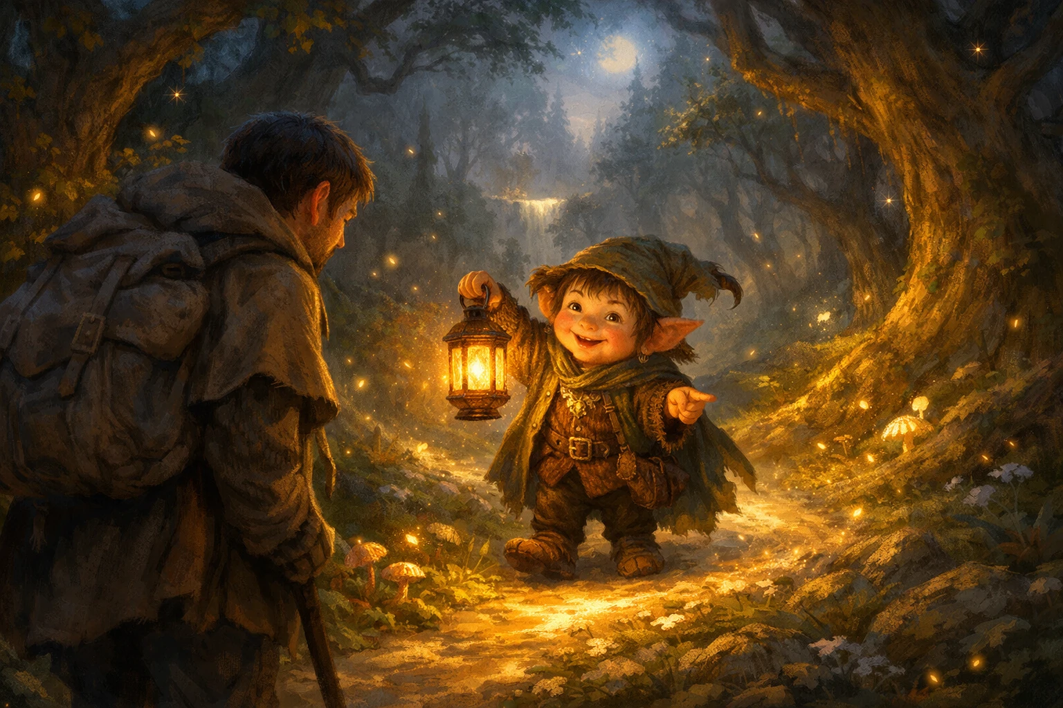 Guida in stile hobbit conduce un viaggiatore attraverso una foresta incantata