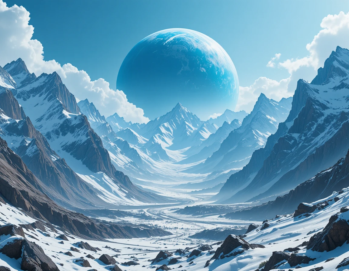 宇宙に浮かぶ巨大な青い惑星の下の雪山