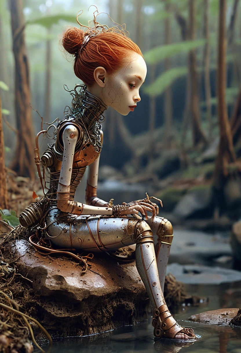 Mulher androide surreal à beira de um riacho em uma floresta silenciosa