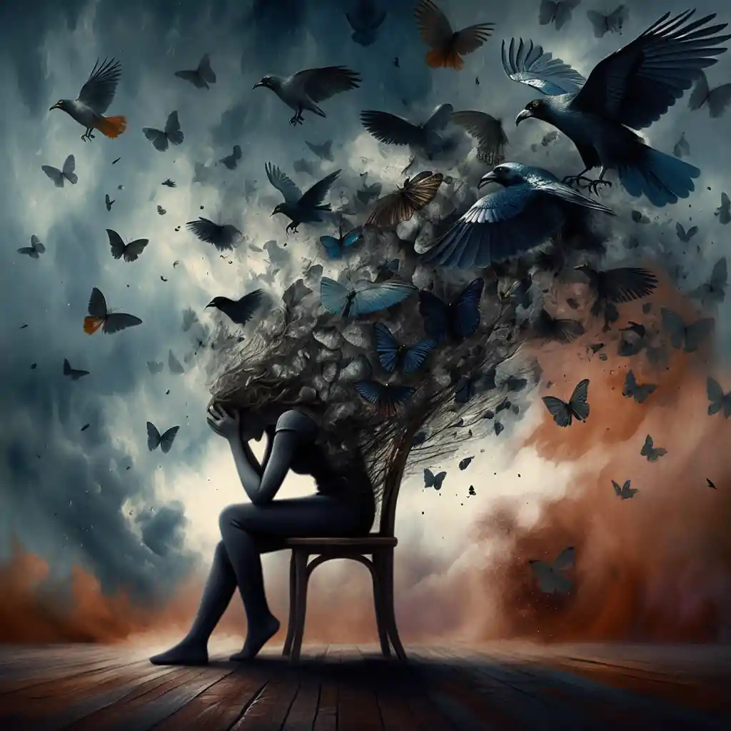 Close up woman with head in hands and swirling crows