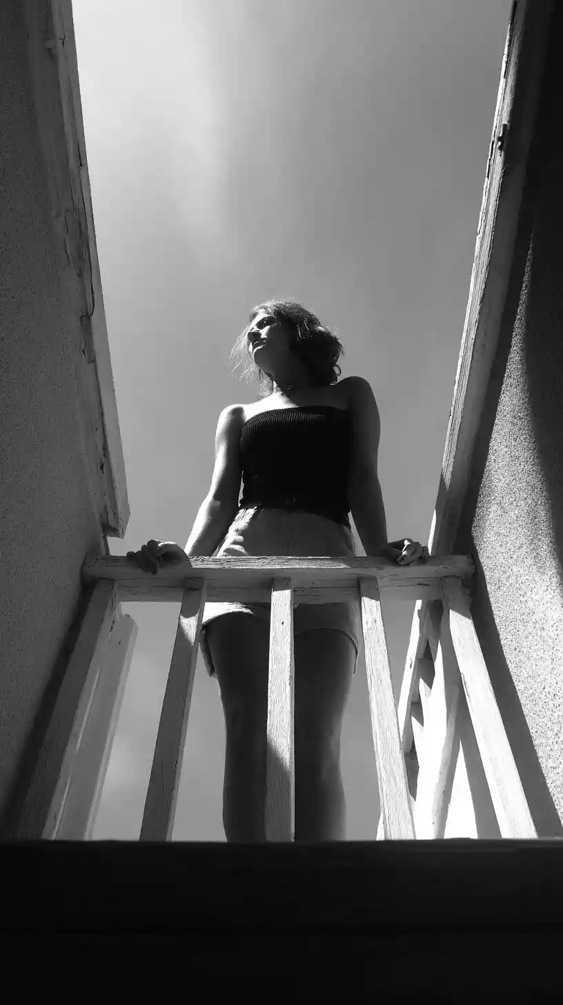 Woman standing on a small balcony seen from below