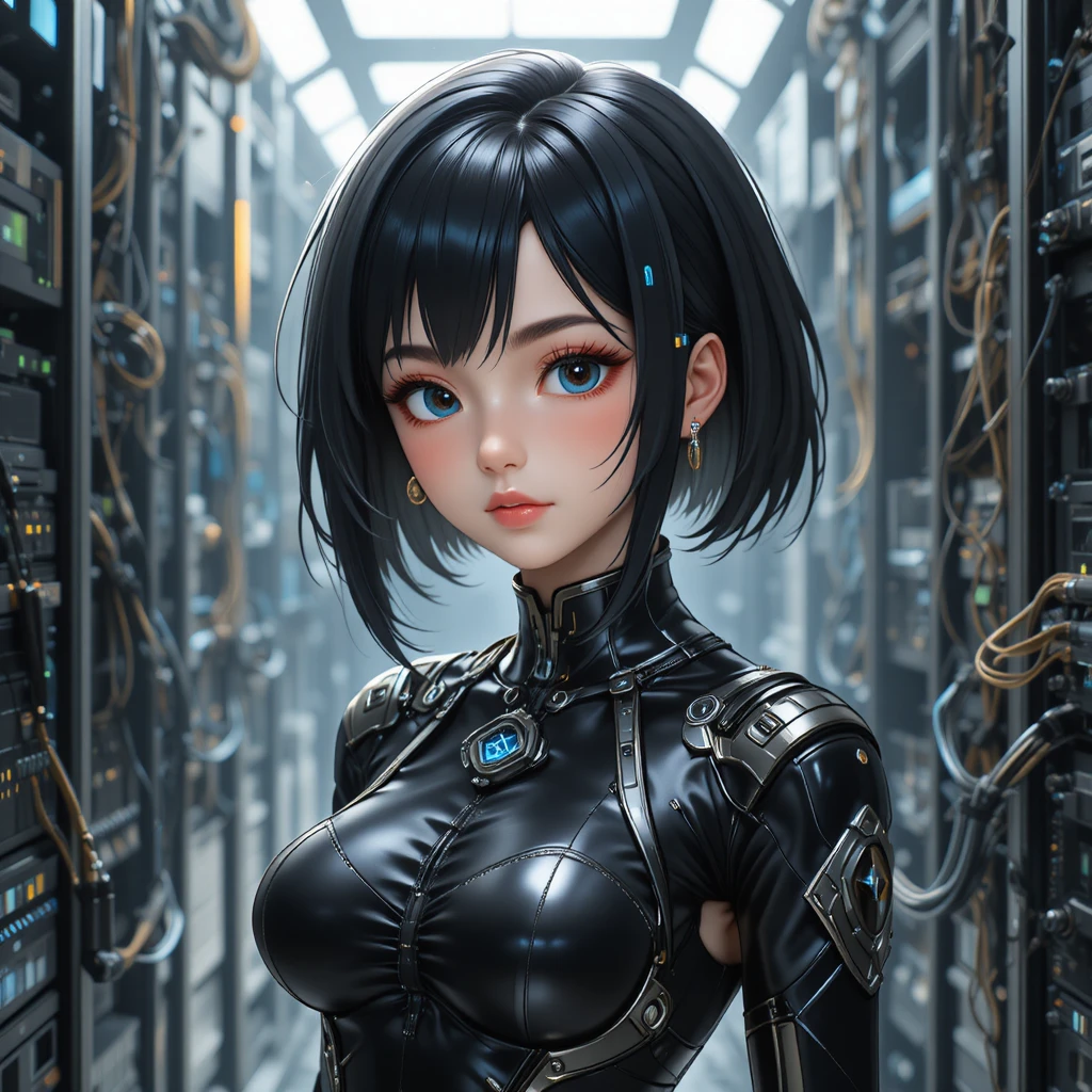 Anime-Frau in einem Sci-Fi-Multiversum aus Chips und Servern
