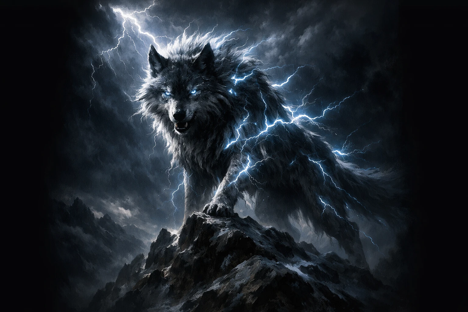 Lobo mítico de relâmpagos no topo de uma montanha tempestuosa