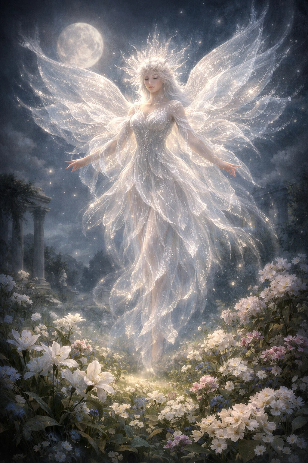Figura angelical etérea flutuando sobre um prado ao luar