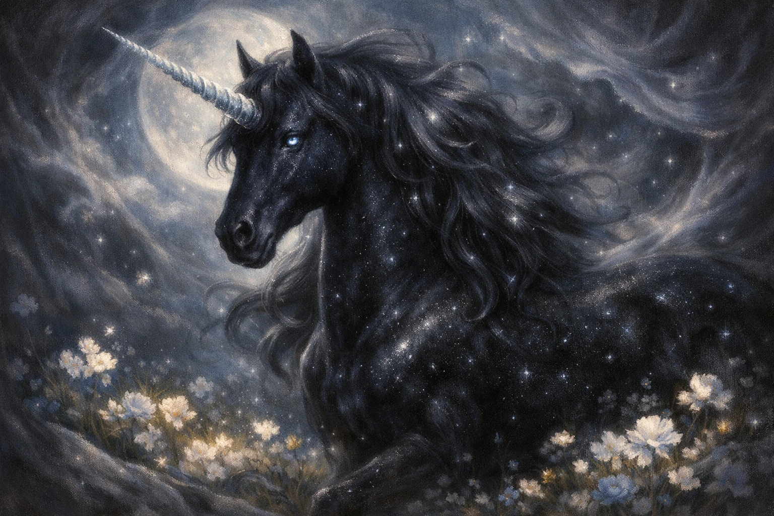 Maestoso unicorno nero in un prato al chiaro di luna con fiori luminosi