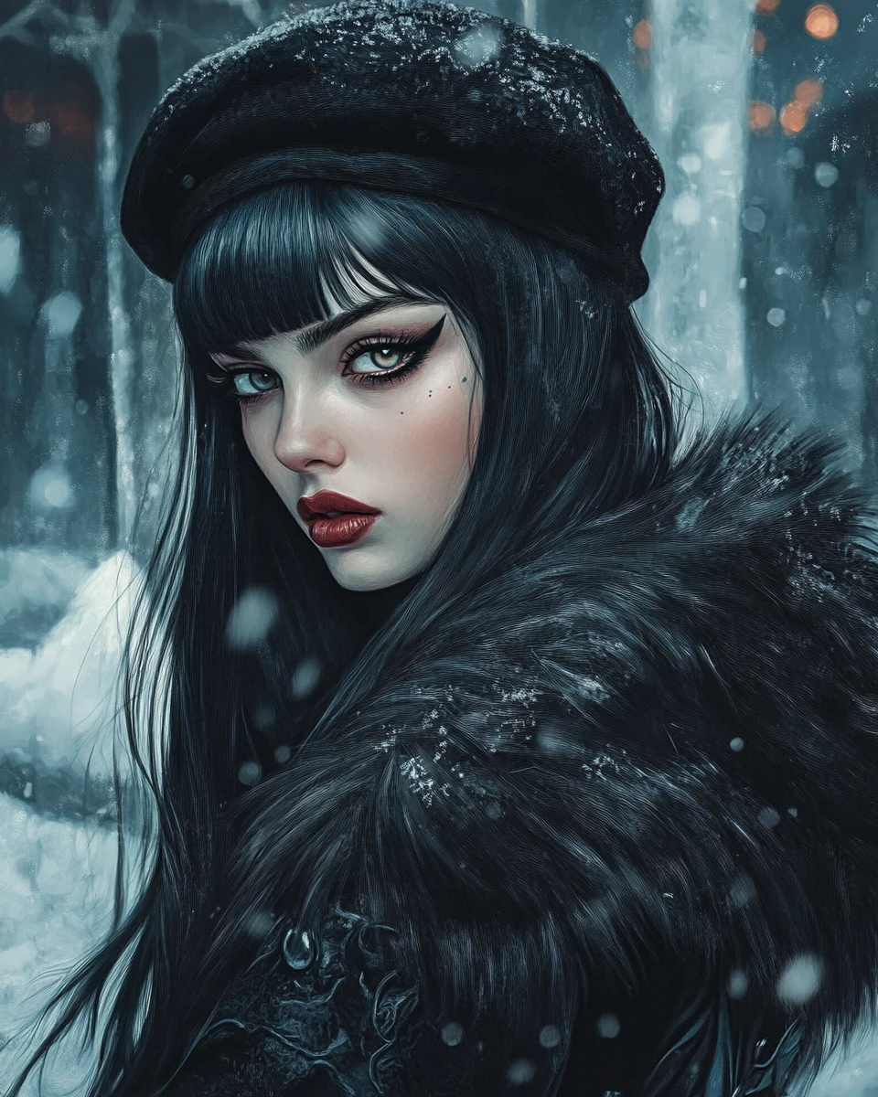 Mulher punk urbana com casaco de pele de inverno e vestido longo