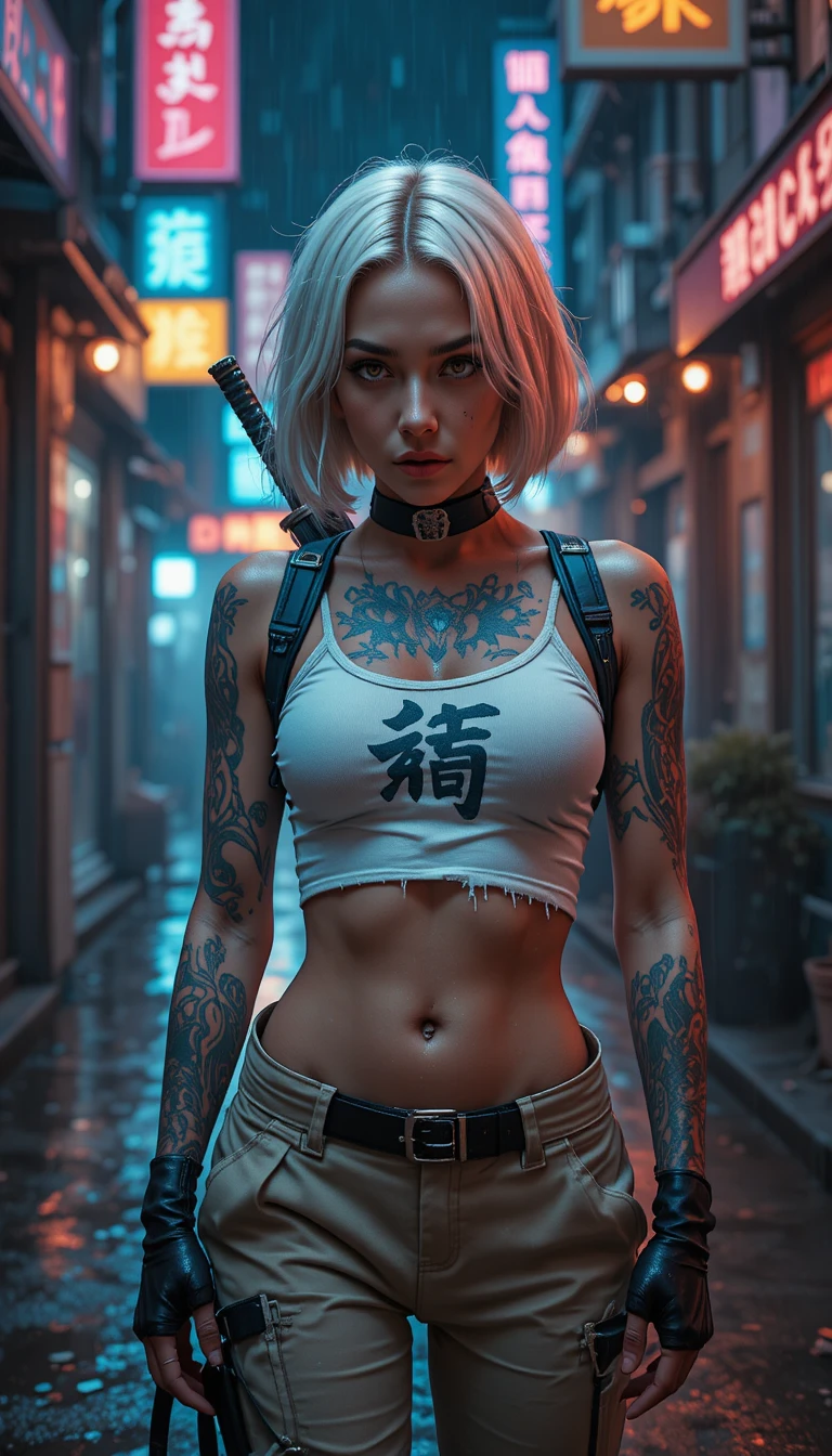 Tätowierte Cyberpunk-Frau mit Katana in einer Neon-Gasse