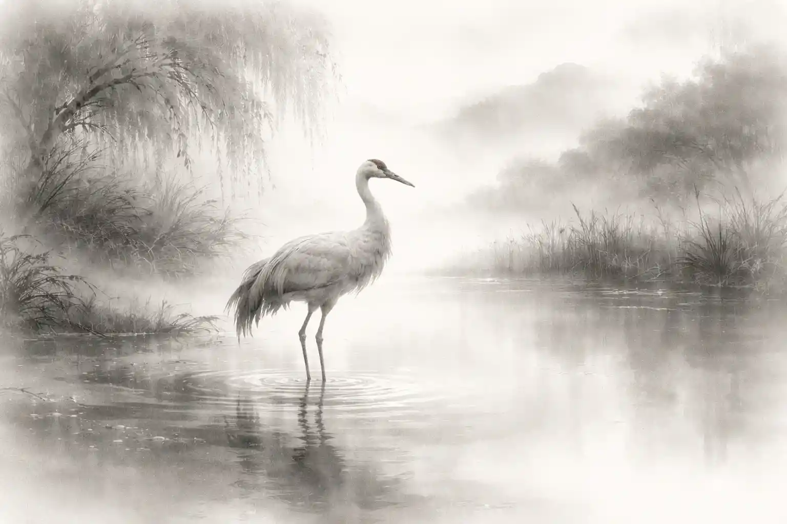 Solitary crane in tranquil ink wash wetland scene