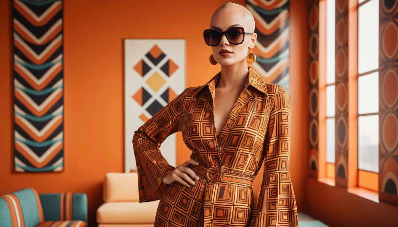Bold bald woman in retro 1970s fashion striking a pose