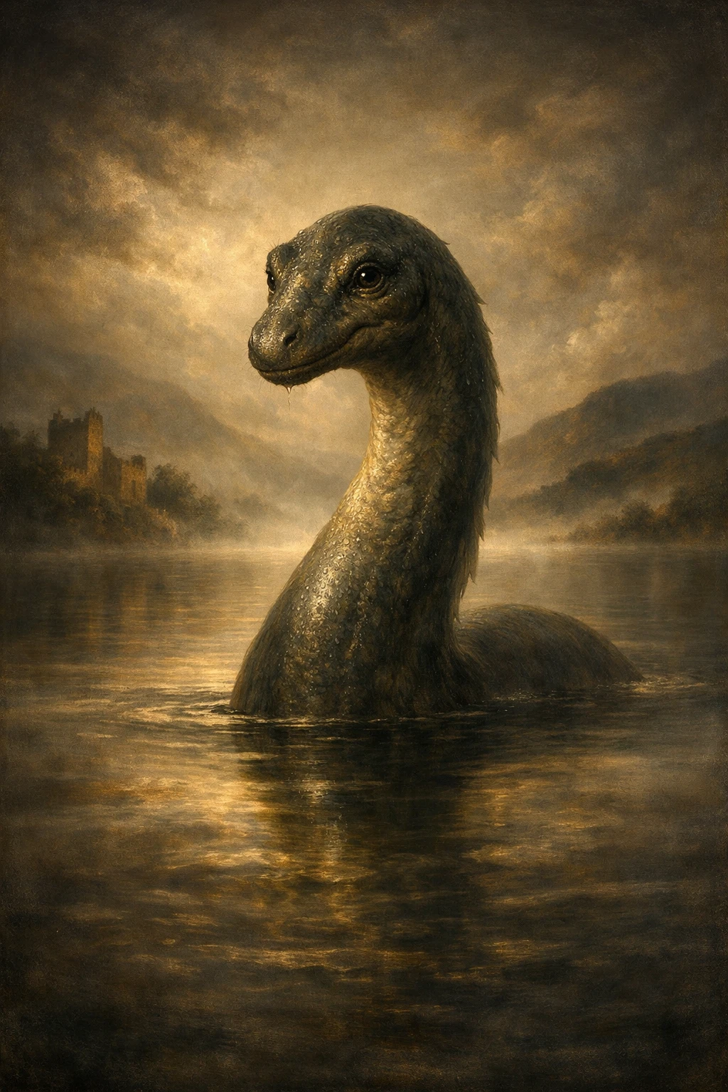 Klassisches Ölgemälde-Porträt des Ungeheuers von Loch Ness im nebligen See