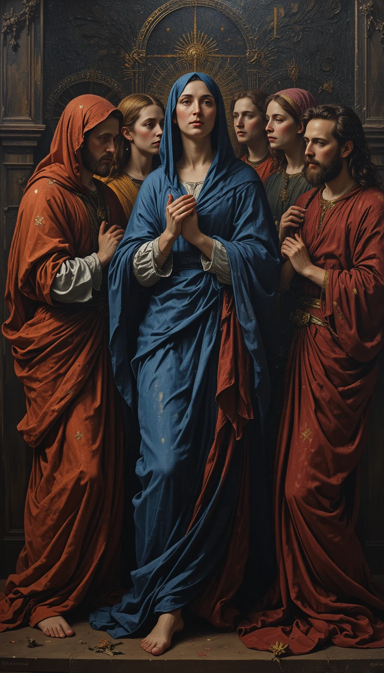 Renaissance figures dissolving in layered spiritual abstraction
