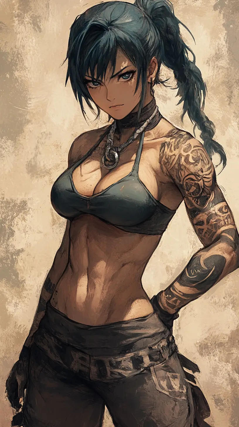 Guerrière marquée de cicatrices avec tatouages et yeux bleu doré