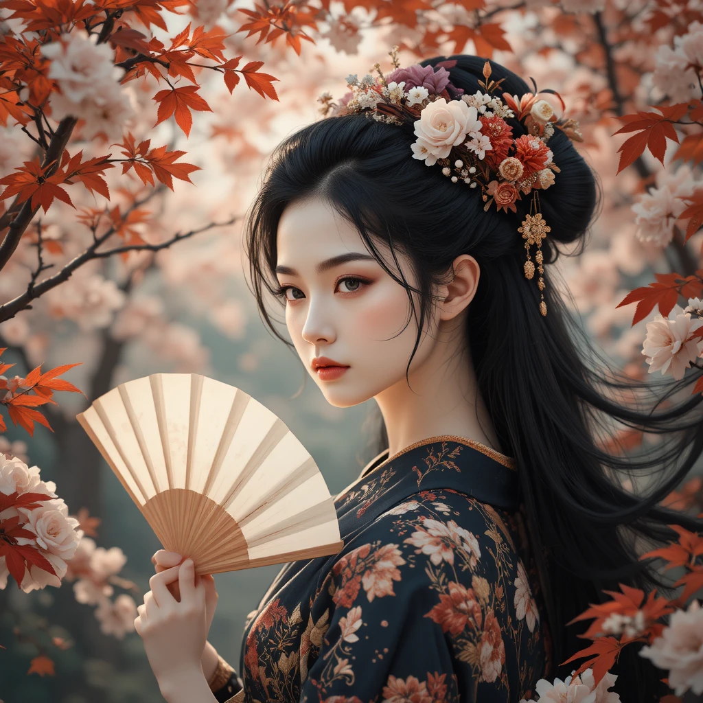 Mulher elegante emoldurada por flores de cerejeira em estilo ukiyo-e