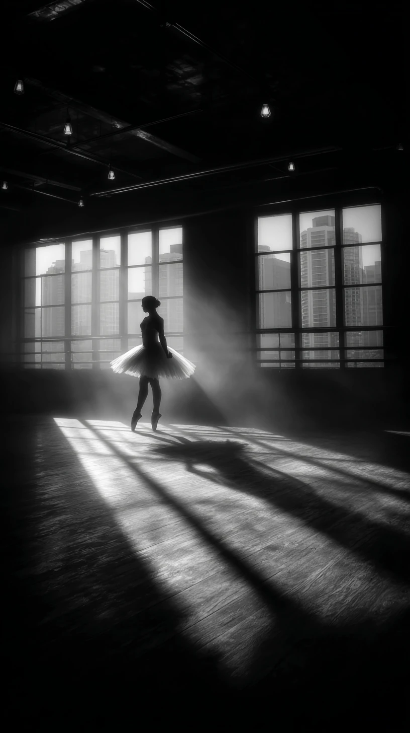 Ballerina on pointe in a dark smoky dance studio