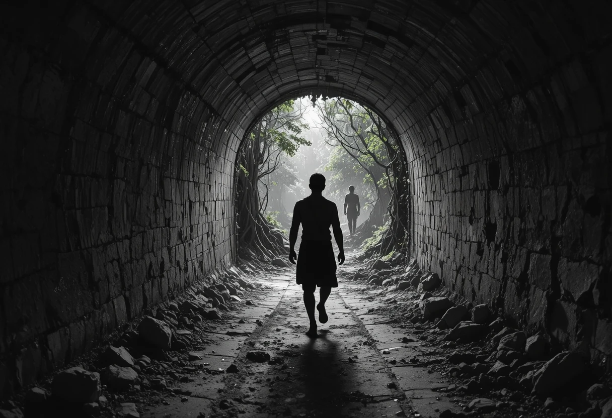 Figura solitária emergindo de um túnel antigo e sombrio