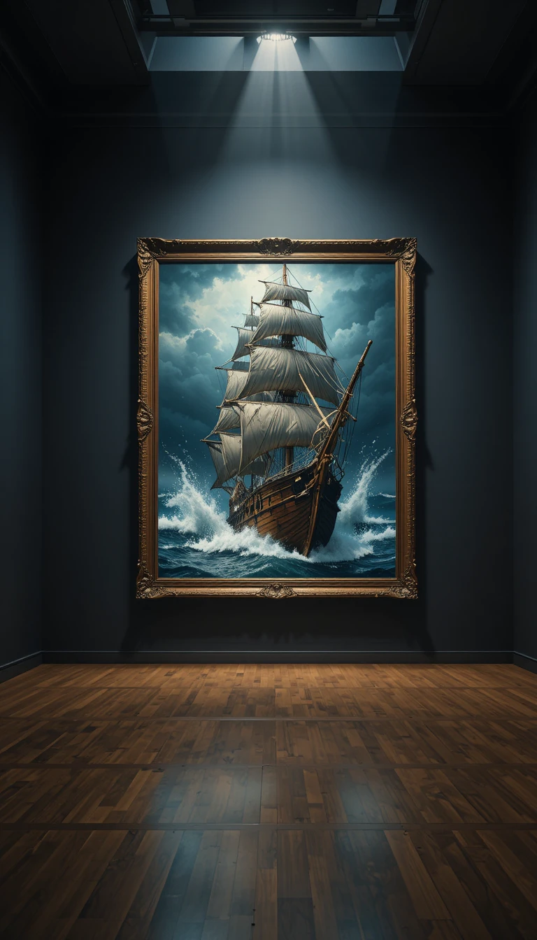 Piratenschiff bricht aus Sturm-Gemälde in dunkler Museumsgalerie hervor
