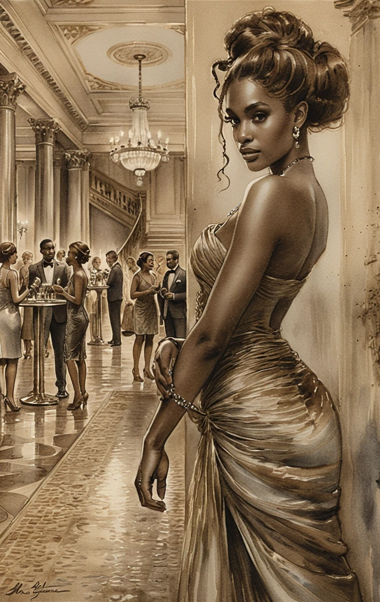 Elegante donna in abito da sera in un grande salone da ballo vintage
