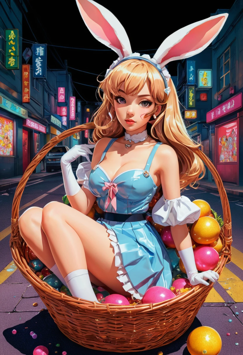 Anime gyaru girl in bunny suit sitting in easter basket