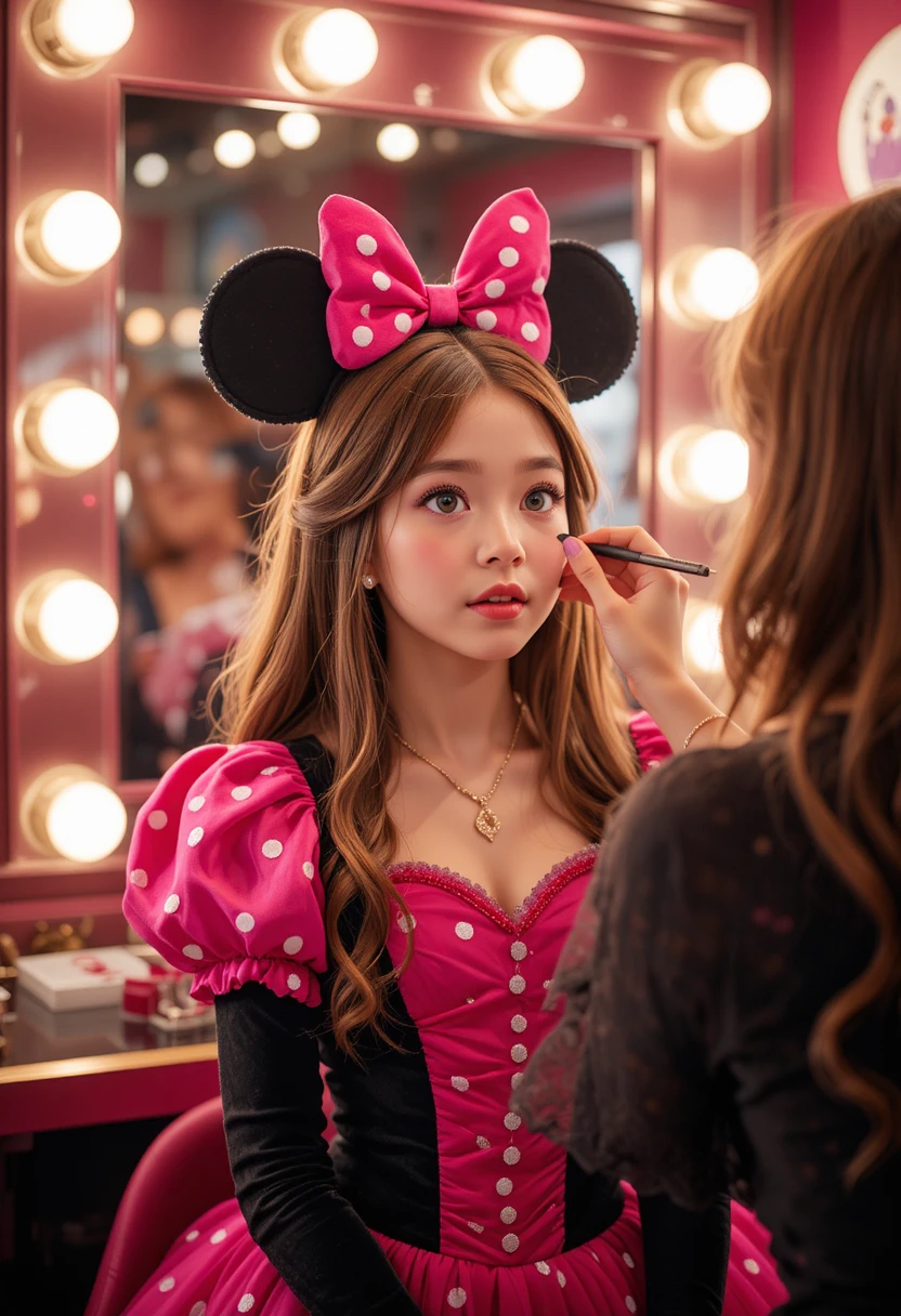 Young boy in pink Minnie dress at boutique makeup mirror