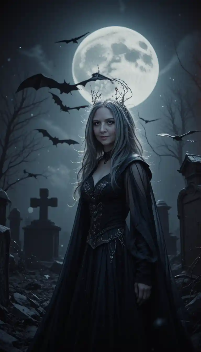 Dark fantasy vampire princess under a full moon