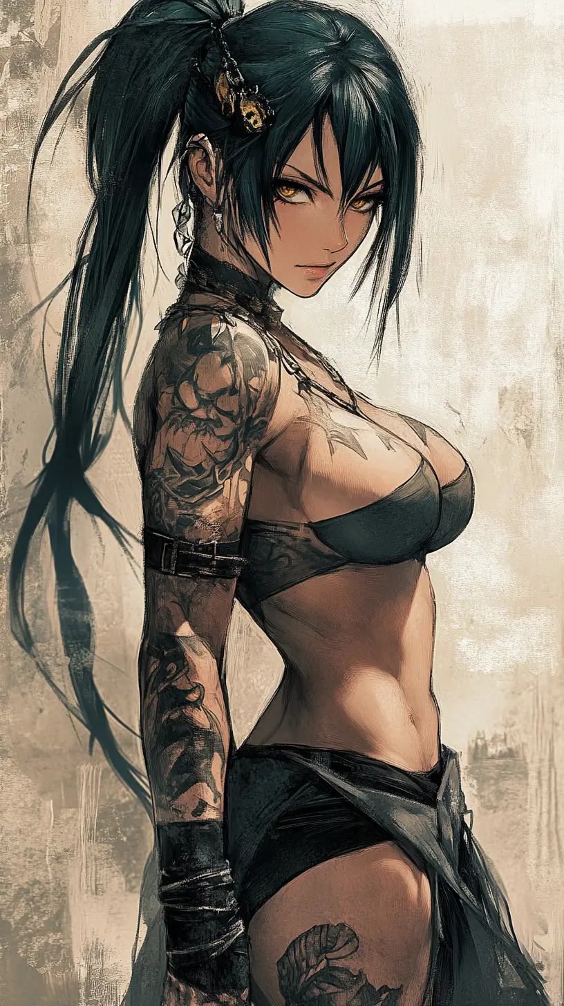 Scarred warrior woman with tattoos and golden blue eyes
