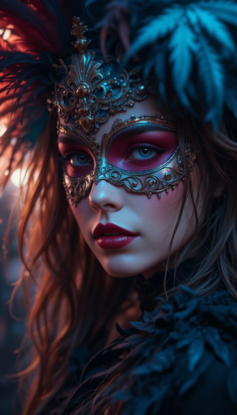 Mulher mascarada com penas em um carnaval vibrante