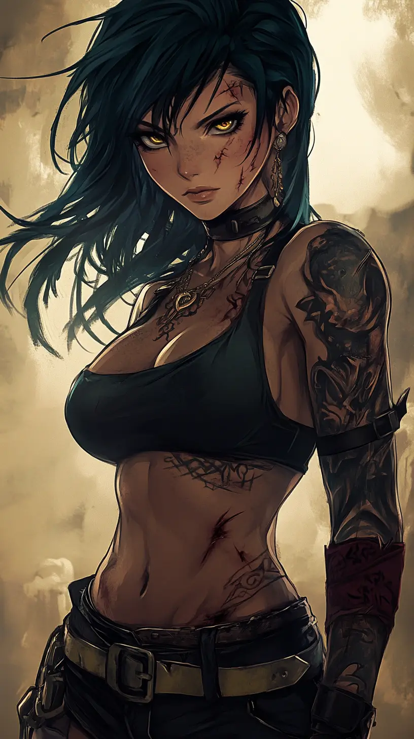 Scarred warrior woman with tattoos and golden blue eyes