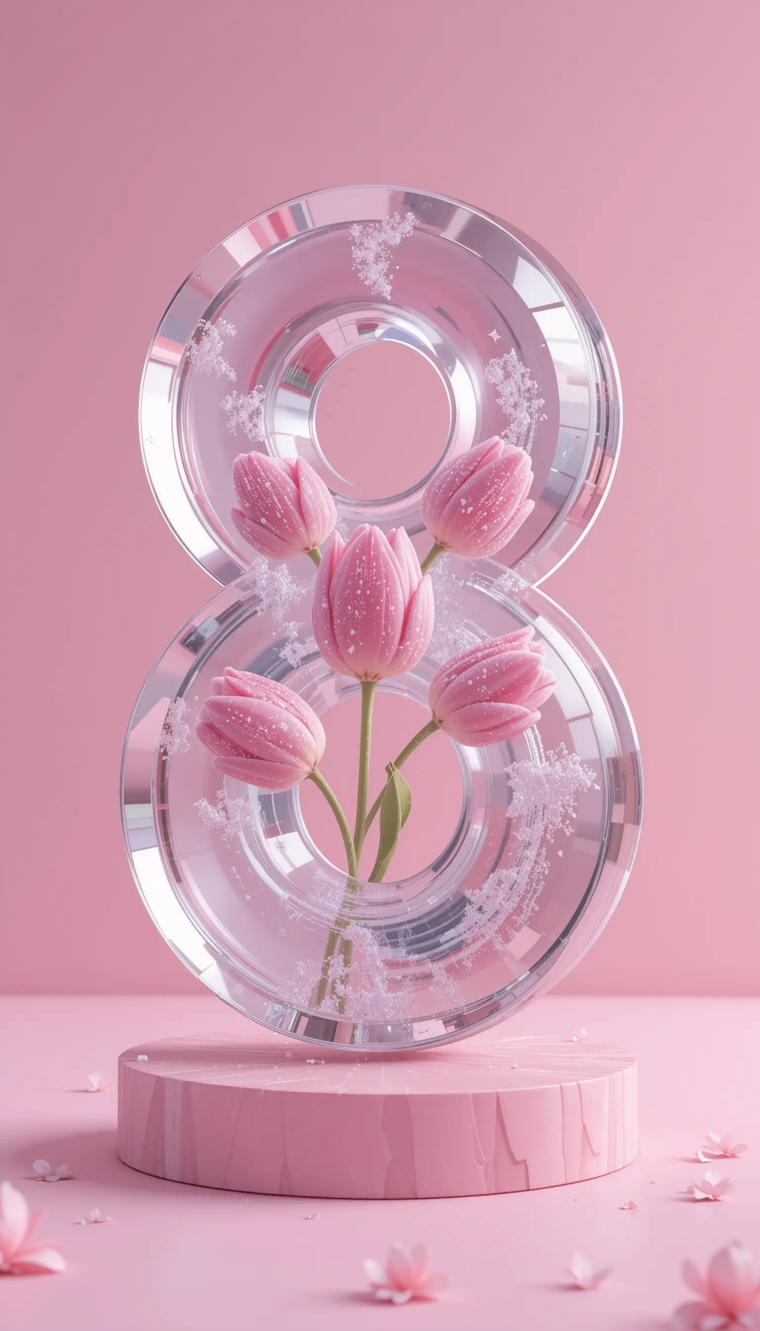 Glass figure eight with pink tulips floating on pastel background