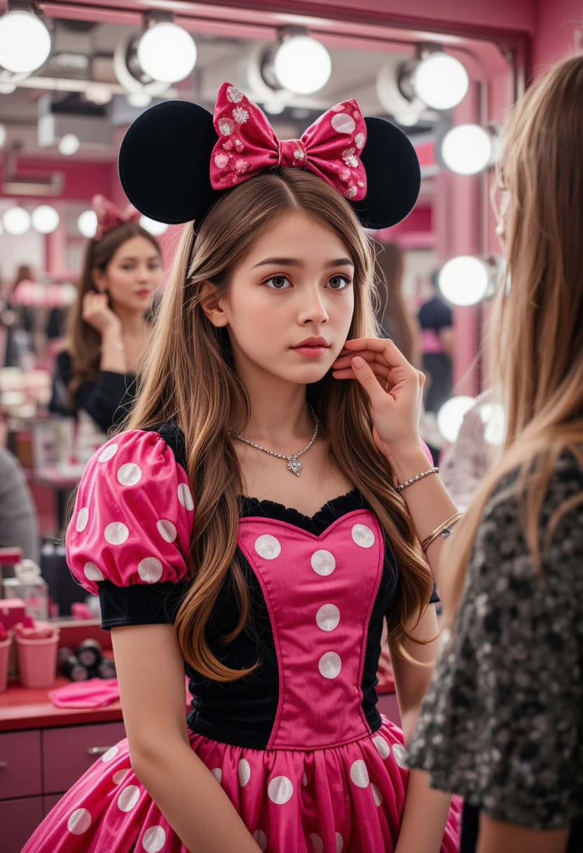 Young boy in Minnie dress getting makeup in boutique