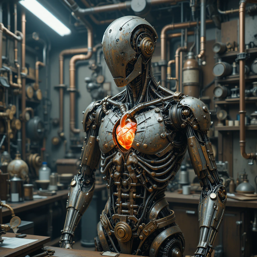 Robot steampunk ajustando engranajes en un abarrotado laboratorio de cobre