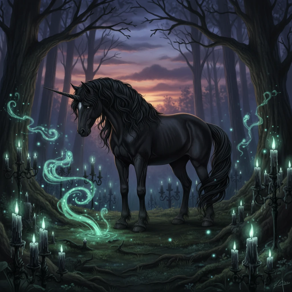 Maestoso unicorno bianco in una radura di foresta luminosa