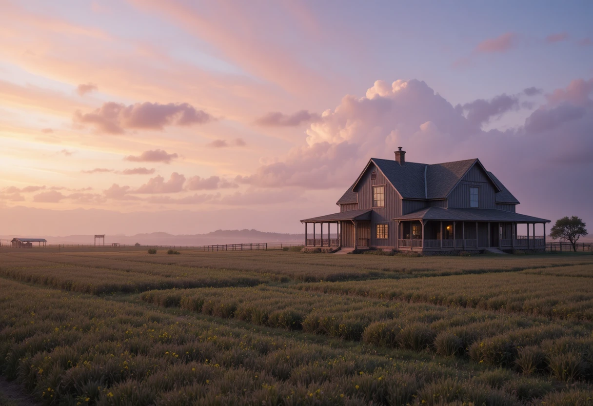 Casa de fazenda e celeiro costeiros cinematográficos ao pôr do sol dourado