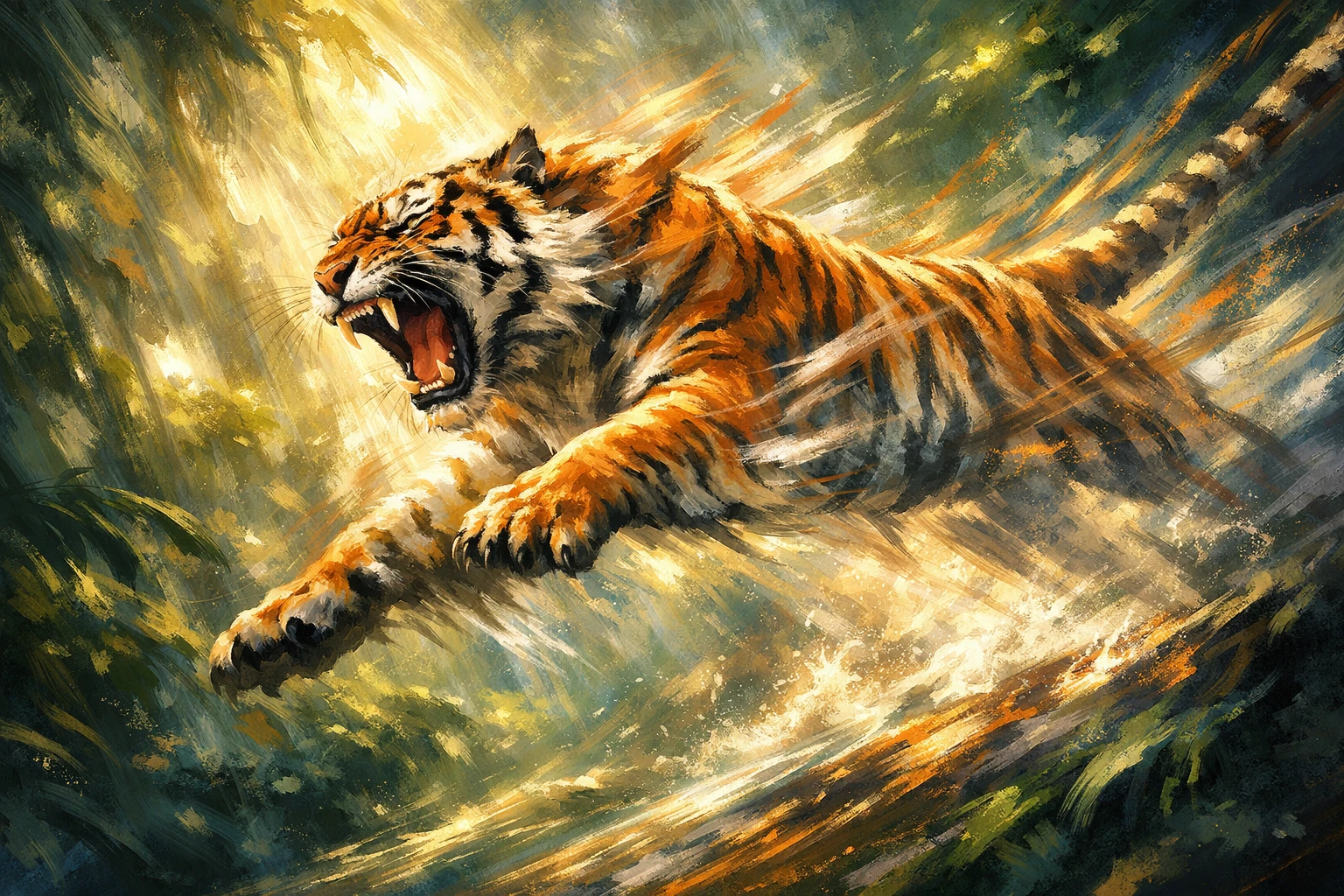 Tigre rugissant bondissant à travers une peinture de jungle surréaliste