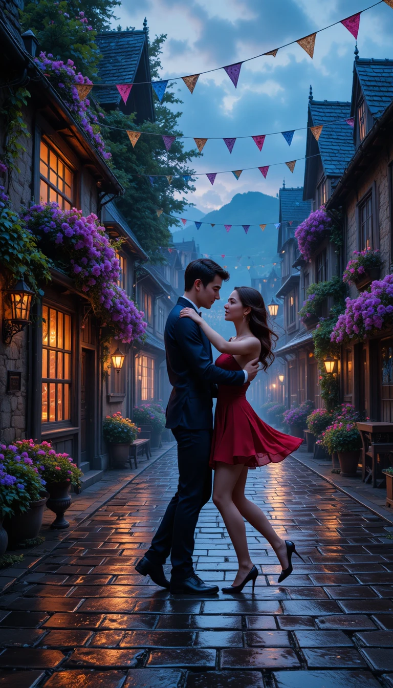 Romantic couple dancing tango on a wet village street