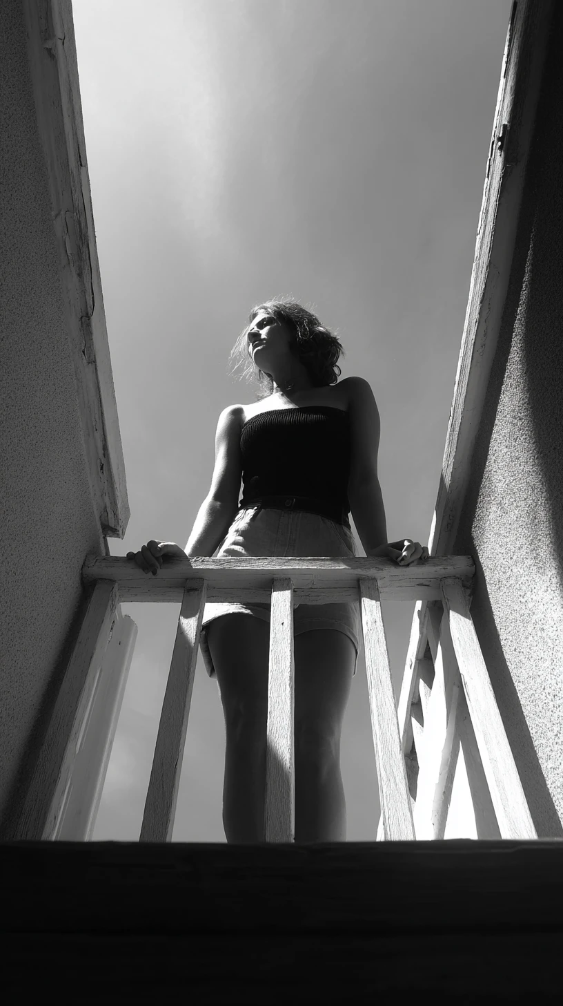 Woman standing on a small balcony seen from below